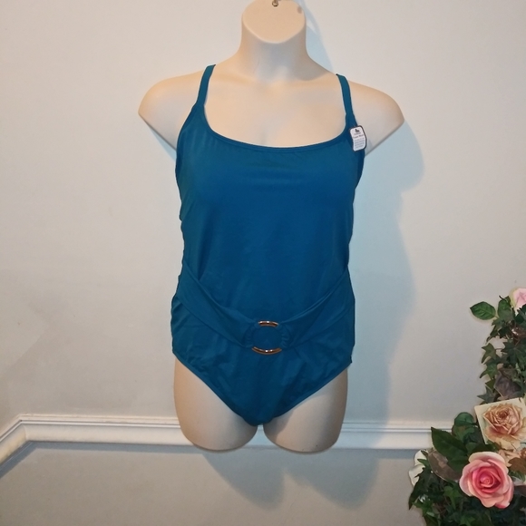 Time And Tru Turquoise Belted One-Piece Swimsuit - Picture 10 of 10